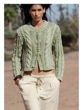 Zara Mint Green Cable-Knit Button Cardigan